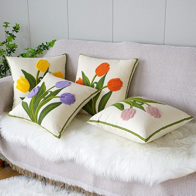 vctops Farmhouse Tulip Cotton Tufted Throw Pillow Cover Spring Floral Embroidery Pillowcase Soft Square Cushion Case for Sofa Couch Bed Chair (Pink,18"x18")