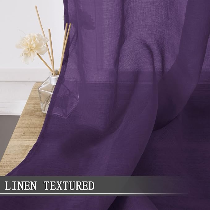 Tollpiz Short Sheer Curtain Linen Textured Bedroom Curtains Sheer Light Filtering Rod Pocket Voile Curtain for Living Room, 54 x 54 inches Long, Royal Purple, Set of 2 Panels