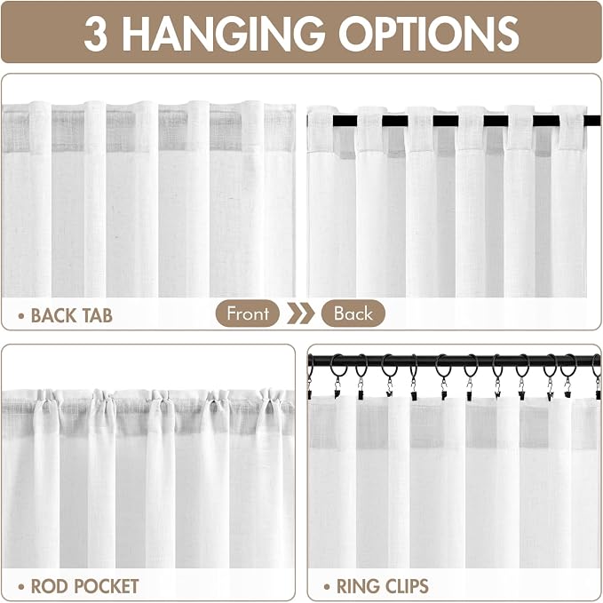 MIULEE White Back Tab Linen Curtains 4 Panels 42W x 84L | Linen material, light filtering, rod pocket back tab hanging, farmhouse decor for living room bedroom