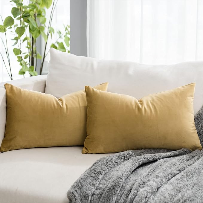 Khaki Decorative Lumbar Velvet Throw Pillow Covers 16x24 inch Set of 2 with Zipper Luxury Soft Solid Rectangle Cushion Covers Case for Sofa Couch Bed Living Room