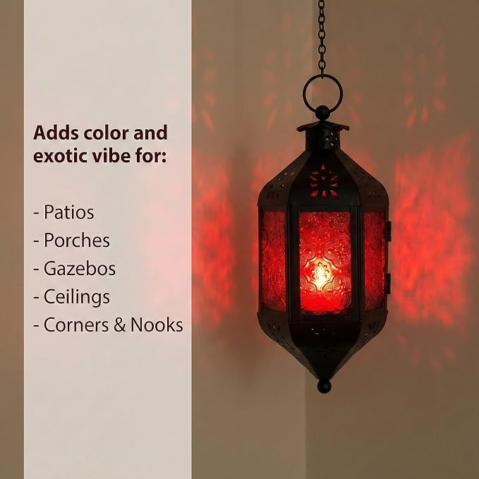 Vela Lanterns Hanging Moroccan Lamp - Exotic Decorative Patio & Porch Decor, Indoor Outdoor Tea Light Candle Lantern Holder with Chain (11" Medium, Red Glass)