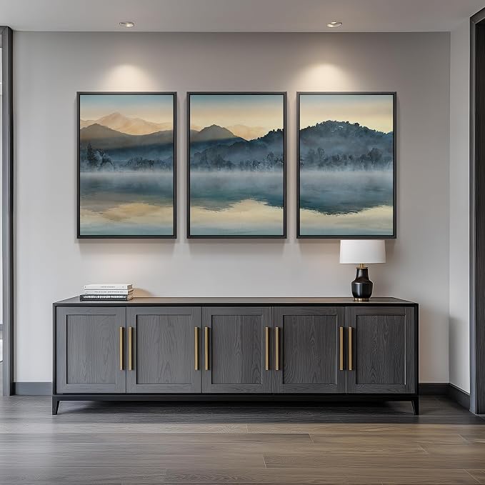 Framed Watercolor Mountain Landscape Wall Art for Living Room, 24x36 Inch | 3 piece, Modern, Minimalist, Large, Blue, Nature, Lake scenery, Dining room wall decor, Office art, Ready to hang, Wood frame