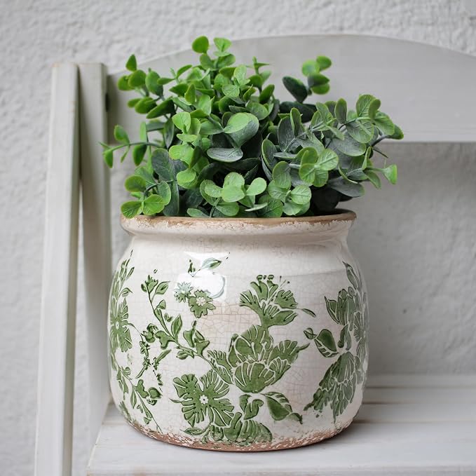 Tuscan Ceramic Indoor Plant Pot, Rustic Farmhouse Vase for Home Decor | 6.29'' Decoration Planter for Snake Plant, Pothos and Houseplant Pots, Vintage Office & Tabletop Decor, Gift for Mom (Green)