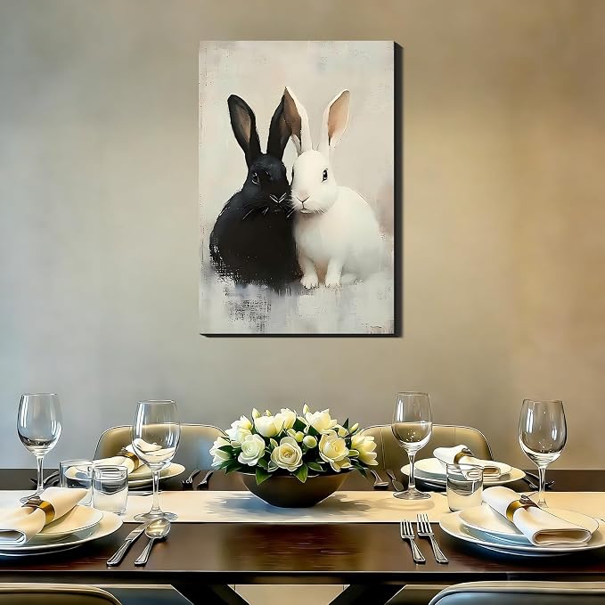 Black and White Easter Bunny Framed Canvas Art, Minimal Spring Easter Prints Pictures Wall Decor for Office, Rabbit Wall Art & Workspace Holiday Home Wall Decoration, 24x36 In