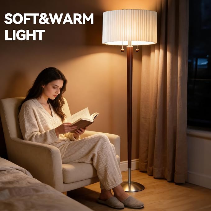 2-Lights Wood Floor Lamp with Dual Switch, Mid-Century Modern Corner Lamp with Pleated Shade, Standing Lamp for Living Room, Bedroom, Office, Reading Room, Walnut Brown