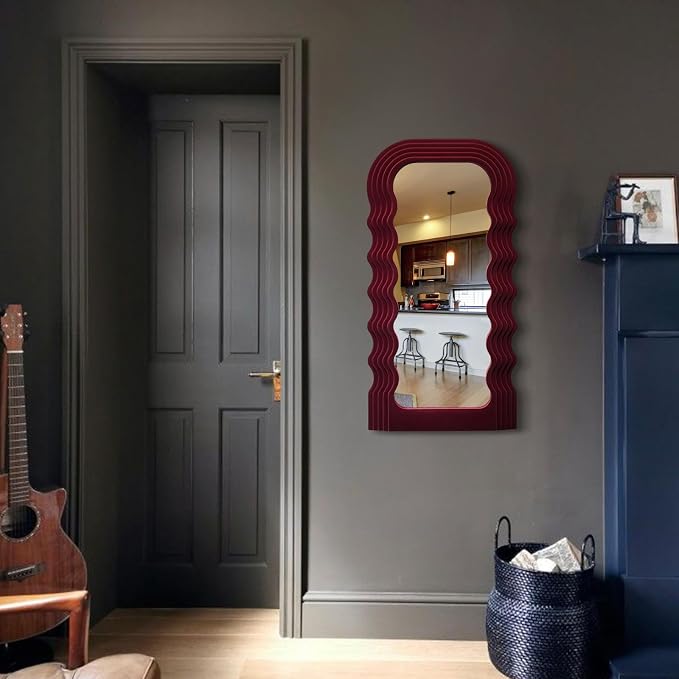 Wine Red Mirror Wall Decor for Vintage Living Room Bedroom,14x28 | Soft Flocking Touch,Decorative Mirror for Entry Porch Staircase,Retro Modern Hanging Wall Art Gift for Grandma Mom Sister