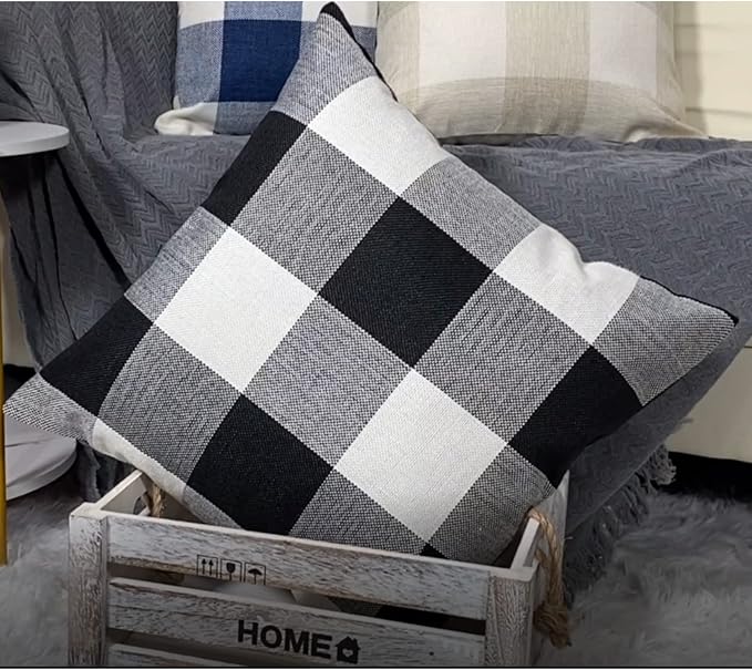 VAKADO Buffalo Plaid Throw Pillow Covers 22x22 Set of 2, Black & White | Buffalo check polyester, hidden zipper. Farmhouse gingham decor for porch, patio, outdoor & classroom. Machine washable.