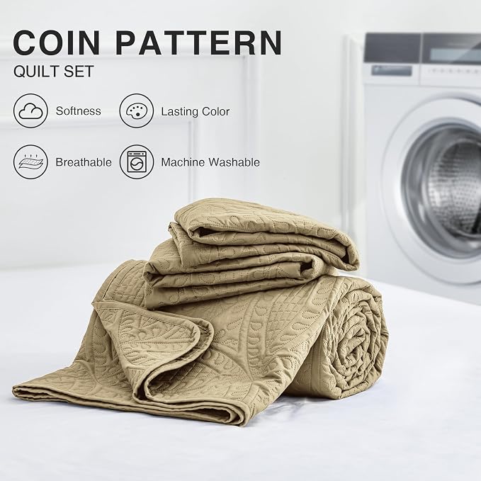 Love's cabin Quilts for Queen Bed Camel Bedspreads - Soft Bed Fall Lightweight Bedspread Comforter - Modern Style Coin Pattern Coverlet for All Season - 3 Pieces (1 Quilt, 2 Pillow Shams)