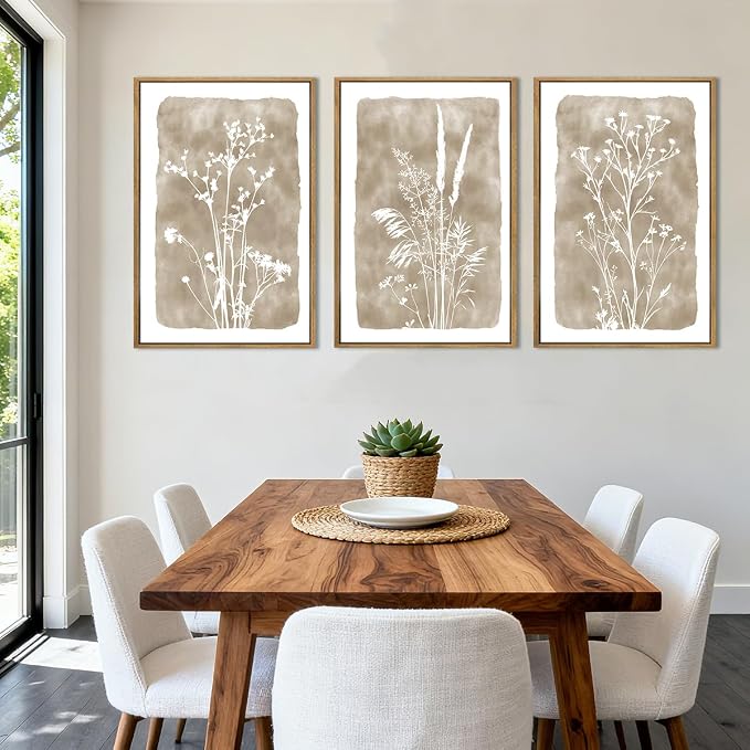 ANHUIB Beige Neutral Floral Canvas Wall Art 16x24 Inch Framed Brown Botanital Wall Decor Large Rustic Farmhouse Wildflower Artwork Boho Vintage Plant Art Prints Set of 3 for Living Room Bedroom Office