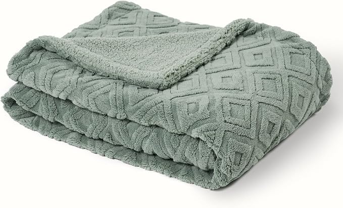 EverGrace Jacquard Reversible Sherpa Throw Blanket, 50" x 60", Sage Green | Jacquard Sherpa Throw Blanket, Super Soft, Cozy Plush Blanket, Reversible Thick Warm Throw for Bed, Sofa, Living Room