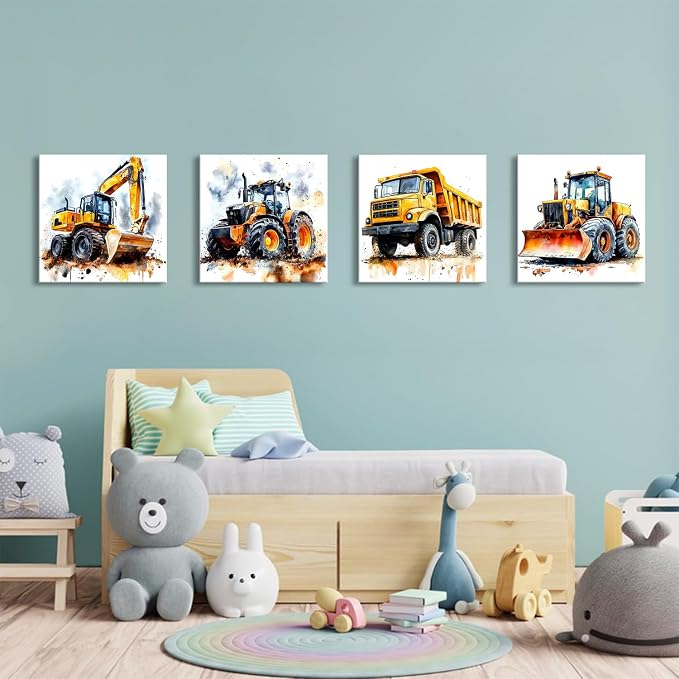 Cartoon Vehicles Canvas Wall Art Construction Room Decor for Boys Heavy Equipment Excavator Truck Tractor Pictures Kids Playroom Transport Car Poster Modern Artwork Nursery Bedroom Decoration 12x12”4P