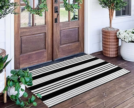 Striped Outdoor Rug 24"x51"Black and White Front Porch Rug Washable Doormat | Hand-Woven Farmhouse Indoor Outdoor Porch Mat Combined Use With Hello Welcome Mat