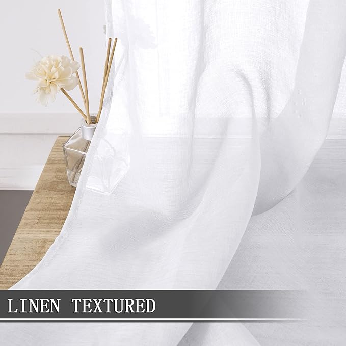 Tollpiz Short Sheer Tier Curtains Linen Textured Half Kitchen Curtain Sheers Light Filtering Rod Pocket Voile Small Curtain for Bathroom, 25 x 24 inches Long, White, Set of 2 Panels