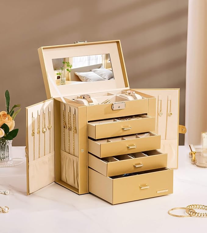 Homde Large Jewelry Box for Women: 5-Layer Organizer with Lock for Dresser | Separated Storage for Necklace Earring Ring Watch to Sort Daily Jewelry - Keep Vanities Tidy - Suitable for Birthday Gift