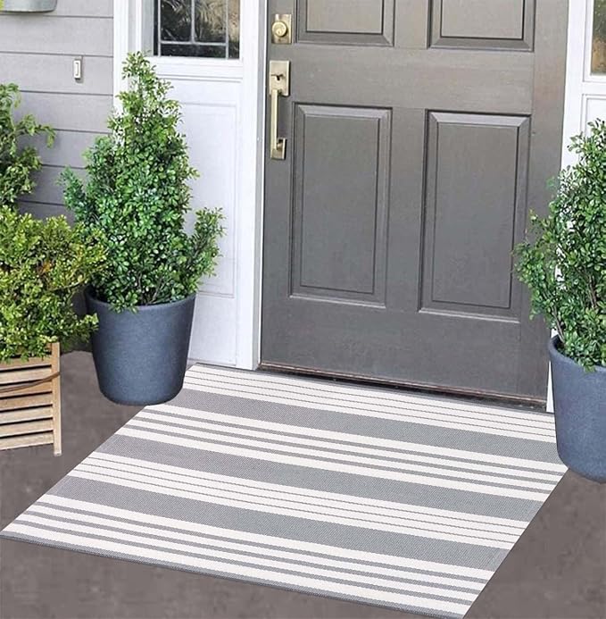 Grey and White Outdoor Doormat 24"x35"Cotton Washable Striped Outdoor Rug | Hand-Woven Cotton Outdoor Front Porch Rug For Entryway Combined With Hello Welcome Mat