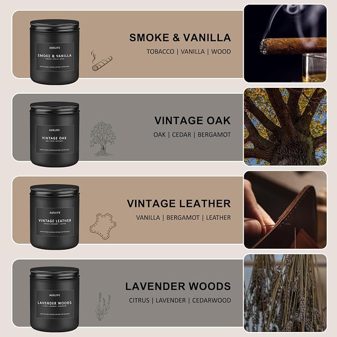 Candles for Men Gift Set, 4 Pack Soy Wax, Masculine | Men's aromatherapy candles; home scented ; long lasting 200-hr burn total; smoke&vanilla, leather,oak,lavender wood