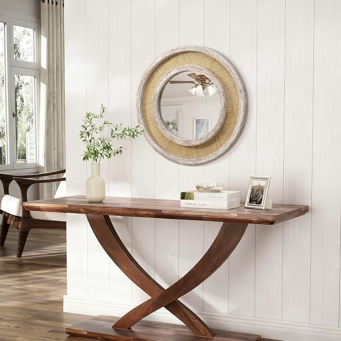 JJUUYOU Round Mirror Wood Framed Circle Rattan Hanging Mirrors for Wall Rustic Decorative for Living Room Bathroom Bedroom Entryway White 16 Inch