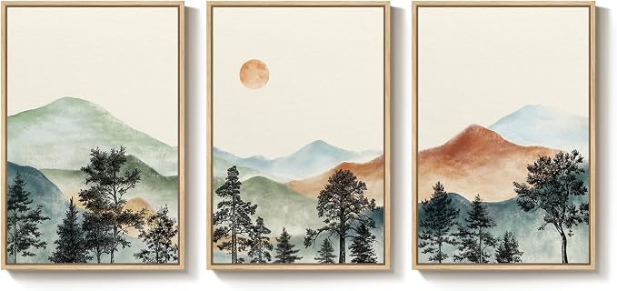 Framed Mountain Wall Art for Living Room, Boho Landscape Print, 24x36 Inch | 3 piece, Modern, Large, Watercolor, Nature picture, Sunset scenery, Mid century, Dining room decor, Ready to hang, Wood frame