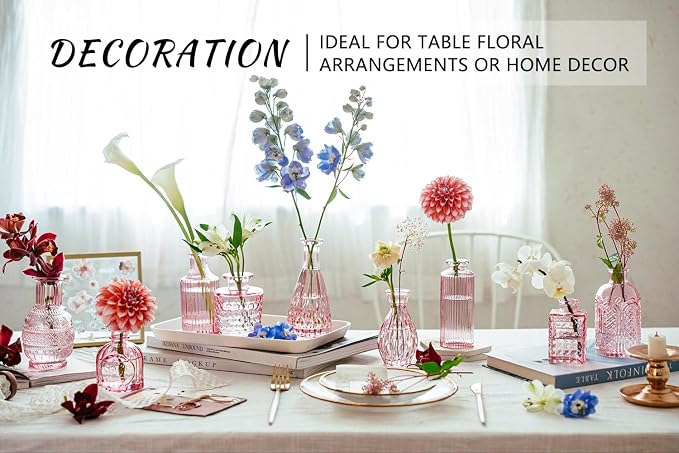 SUPMIND 16Pcs Pink Glass Bud Vases in Bulk for Wedding Table Centerpieces | Small Flower Vases Cute Mini Vintage Vase Set for Wedding, Home Decor, Table Decoration
