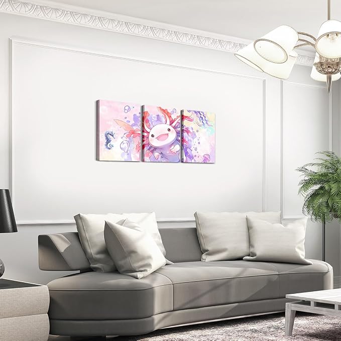 Feelyou Boys Girls Cute Axolotl Wall Painting Posters and Prints Ocean Sealife Picture Wall Decor for Cartoon Salamander Canvas Wall Art for Living Room Bedroom Kids Kawaii Wall Art 12"x16"x 3Pcs