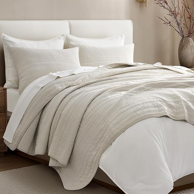 EVERGRACEHOME 100% Cotton Quilt Set Oversized Cal King, Birch | Pre-Washed Soft Cotton, Striped Coverlet Bedspread, 3 Piece Lightweight Bedding Set for All Season, with 2 Pillow Shams