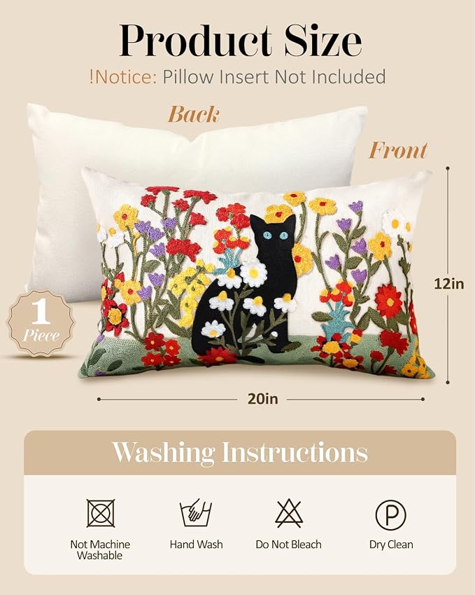 Embroidered Lumbar Pillow Cover - 20x12 Decorative Pillow Cover with Zipper Aesthetic Cute Design Boho Spring Summer Throw Pillowcase for Living Room Couch Sofa Bed, Flower Cats