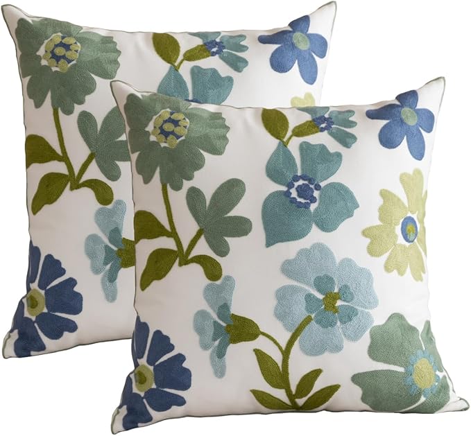 YIcabinet Pack of 2 Throw Pillow Covers,Flower Embroidery Pillow Case Soft Square Decorative Pillowcases for Home Sofa Couch 18x18 Inch