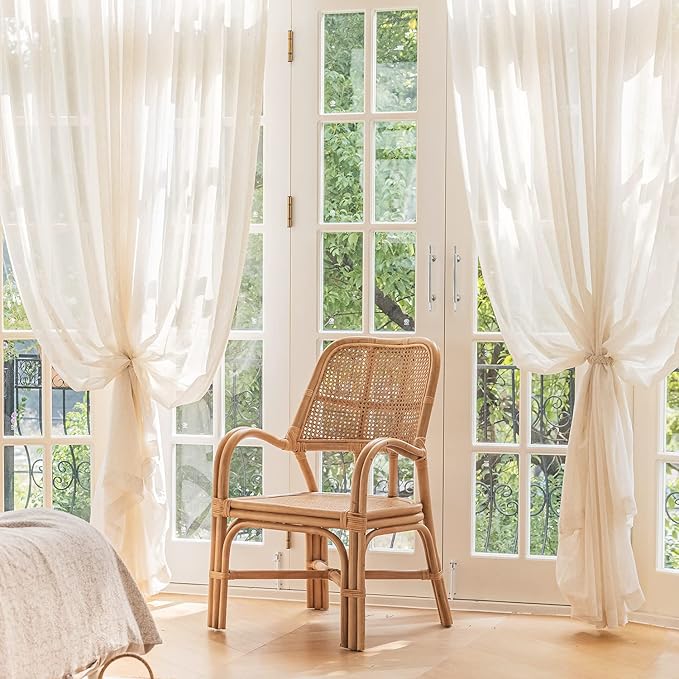 FMFUNCTEX Beige Linen Pinch Pleated Sheer Curtains, 63 Inches, 2 Panels | Natural Semi Sheer Drapes, Flax Linen, Rod Pocket, Light Filtering, Farmhouse French, Kitchen, Privacy, for Living Room