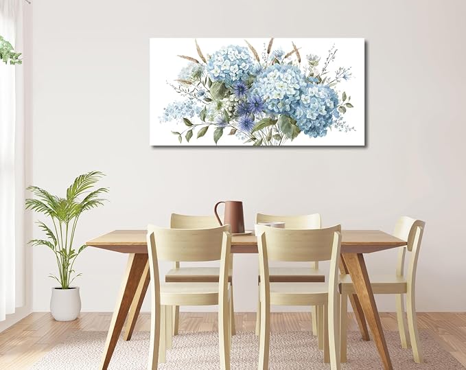 VEAEE Blue Hydrangea Botanical Canvas Prints Painting Abstract Artwork 20"x 40" Living Room Wall Decor