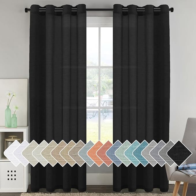 H.VERSAILTEX Linen Curtains Natural Blended Curtain Panels for Living Room/Light Reducing Linen Semi Sheer Curtains 96 inch Length 2 Panels Set Nickel Grommet Window Panels, 52" x 96", Black