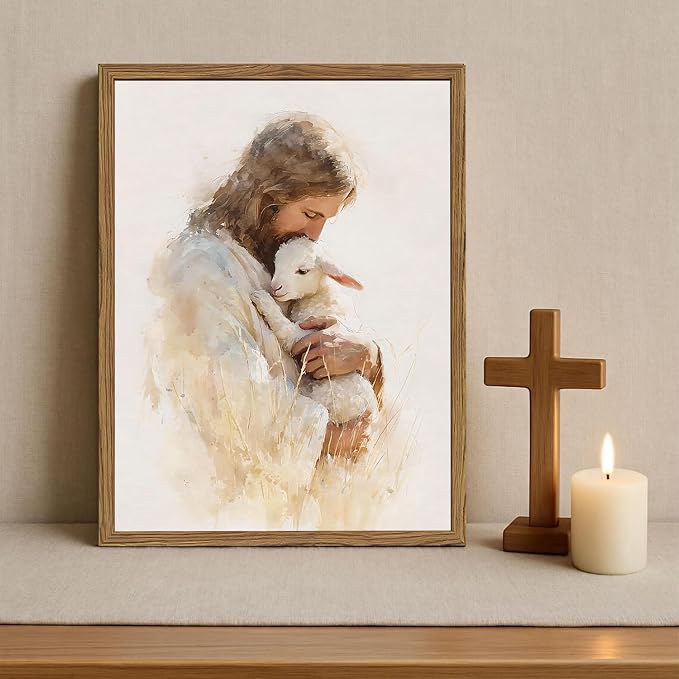 Jesus and Lamb Wall Art, Christian Good Shepherd Wall Decor Picture, Religious Faith Poster Painting Canvas Print for Living Dining Prayer Room Bedroom 16x24 inch Wood Framed
