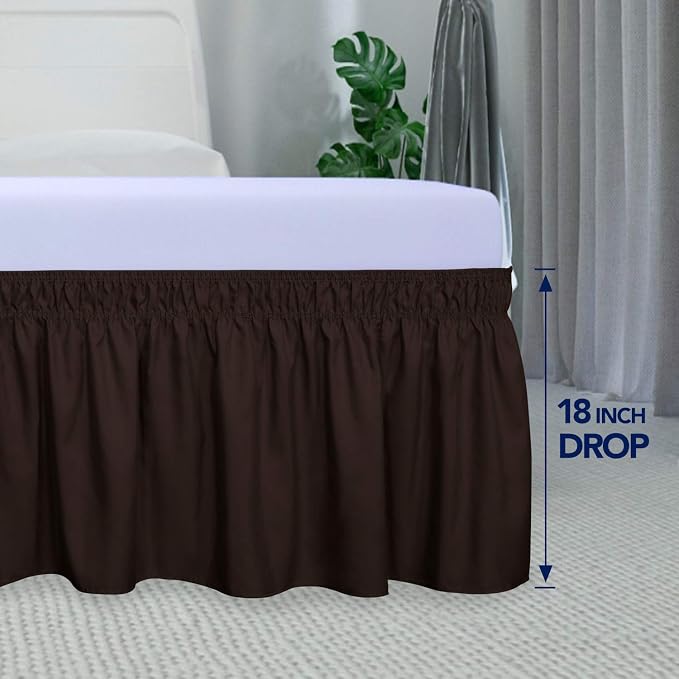 PureFit Wrap Around Ruffled Bed Skirt, Chocolate, Queen/King - 18" Drop | Wrinkle Free Bedskirt Dust Ruffles, Easy to Put On Frame Cover with Adjustable Elastic Belt