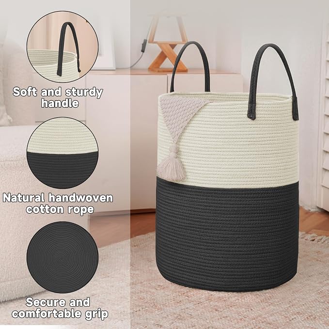 JMvicyroam 80L Cotton Rope Laundry Basket Hamper, White and Black | Collapsible laundry basket, reinforced handles, freestanding, machine washable, holds 3-5 thick blankets, clothes or toys