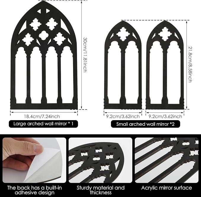 3 Pcs Arched Window Wall Mirror Set, Gothic Wall Mirror Decor, Cathedral Arched Mirror Decor, Self-Adhesive Arched Wall Mirror for Living Room Bedroom Bathroom Vanity Entryway(31-C Model)