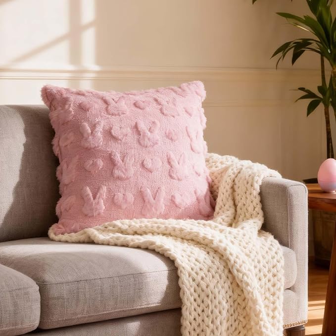 ONFAON Easter Decorations-Easter Pillow Covers 18x18 inch Set of 2 Soft Plush Faux Wool Pink Throw Pillows for Bedroom Sofa Holiday Festivals Home Decor