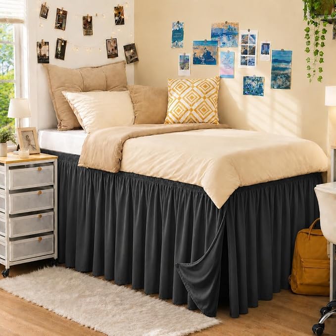 Dorm Room Bed Skirt Twin XL 42" Drop, College Split Corner Bedskirt, Grey | Solid ruffled, Wrap-around/elastic, Wrinkle & Fade resistant, with Adhesive Strips, Gift Packed, Machine Wash/Tumble Dry/Iron