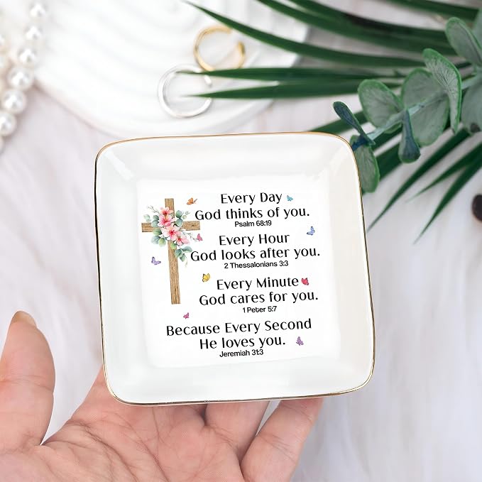 Christian Bible Verse Prayers Jewelry Dish Gift for Women, 4" Ceramic Jewelry Tray, Christian Inspiration Gifts - Mother's Day, Birthday, Religious Gift - Communion, Confirmation Gifts for Daughter