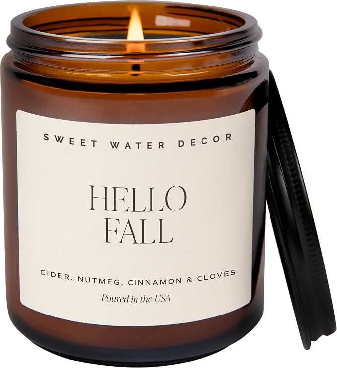 Sweet Water Decor Hello Fall Candle, 9oz Amber Jar, Autumn Scents for Home