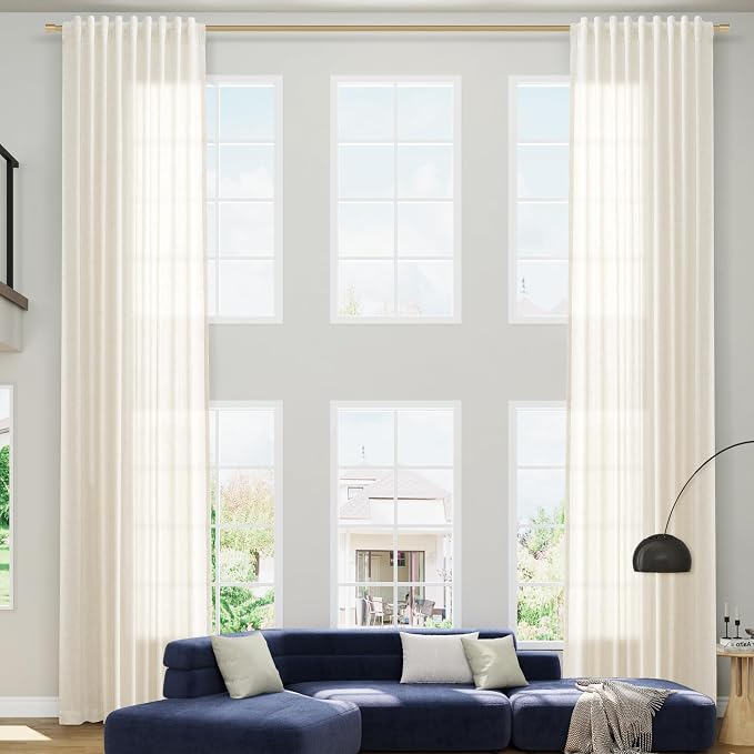 Extra Long Linen Curtains 126 Inches for Living Room Back Tab Sheer High Floor to Ceiling Light Filtering Curtain Boho Farmhouse Window Drapes for Bedroom 2 Panels Cream Ivory Beige Natural