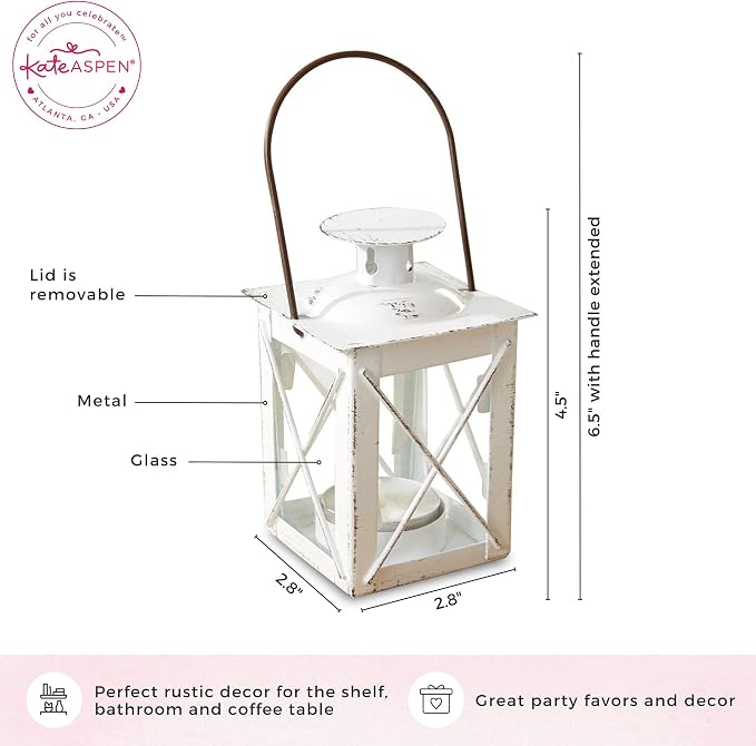 Kate Aspen Rustic Shelf Decor Luminous Vintage Tea Light Votive Candle Holders Metal Mini Decorative Lantern, Distressed White
