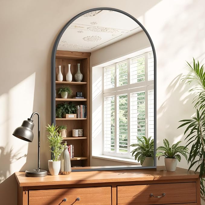Bathroom Mirror for Wall, 38x26 Inch Arched Mirror, Matte Black Metal Framed Bathroom Vanity Mirrors for Restroom Farmhouse, Anti-Rust, Tempered Glass, Hanging or Leaning