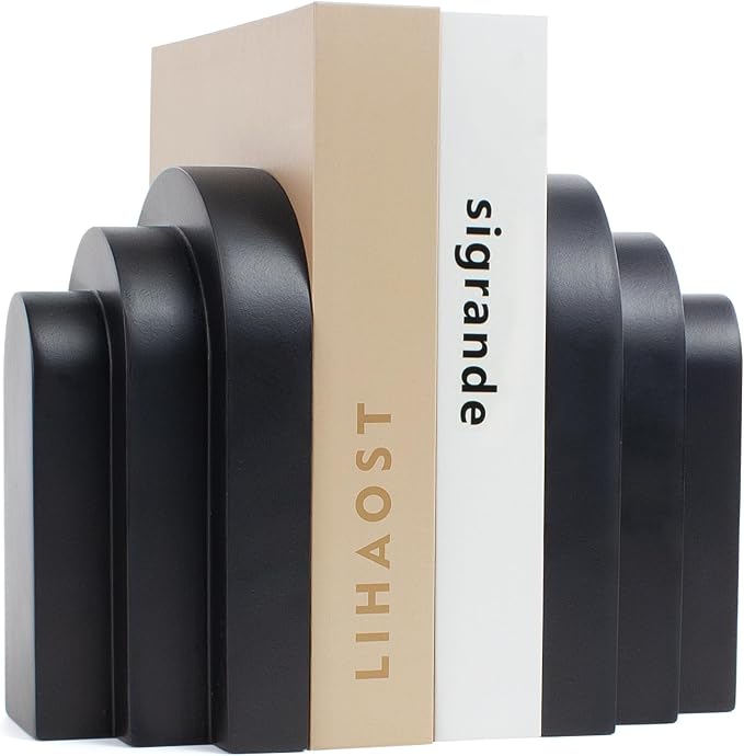 LIN CHUAN Heavy Duty Bookends for Shelves, Set of 2, Matte Black | Book Ends for Heavy Books, Decorative Book Stopper with Faux Sandstone Finish, Layered Arch Design Bookshelf holder, 6.6 lbs