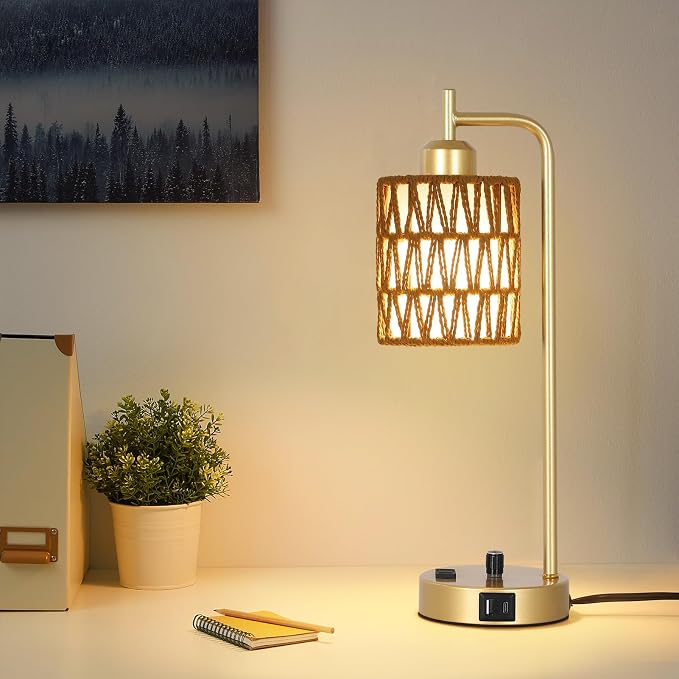 Gold Lamp for Bedroom, Boho Rattan Table Lamps Set of 2 with LED Bulbs, Bedside Lamps for Night Stands with Wicker Shade, USB Port and Outlet, Modern Side Desk Lamp for Living Room Office
