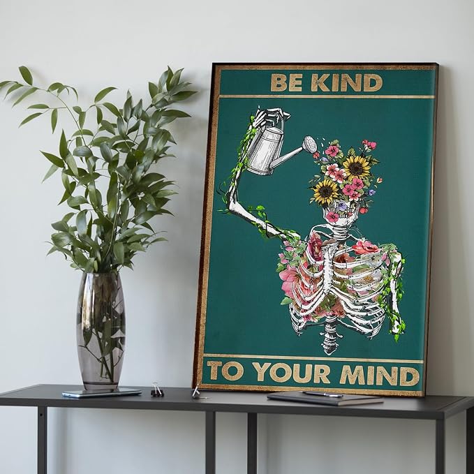 DIHSIEG Be Kind To Your Mind Canvas Wall Art Gothic Botanical Print 12x16 | Inspirational Modern Home Decor Vintage Skeleton Flower Wall Art for Bedroom, Living Room, Office & Study, Meditation Space