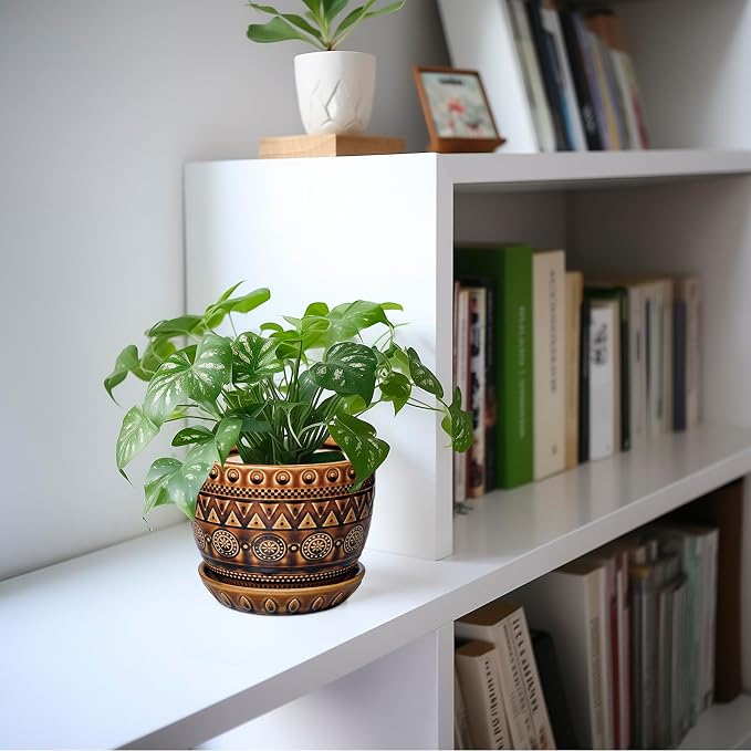 G EPGardening Ceramic Pot for Plants 5.5 Inch - Ceramic Plant Pot with Drainage Hole and Saucer, Boho Round Planter for Indoor Outdoor Plants, Plant Lover Gifts, Office Garden House Decor, Brown
