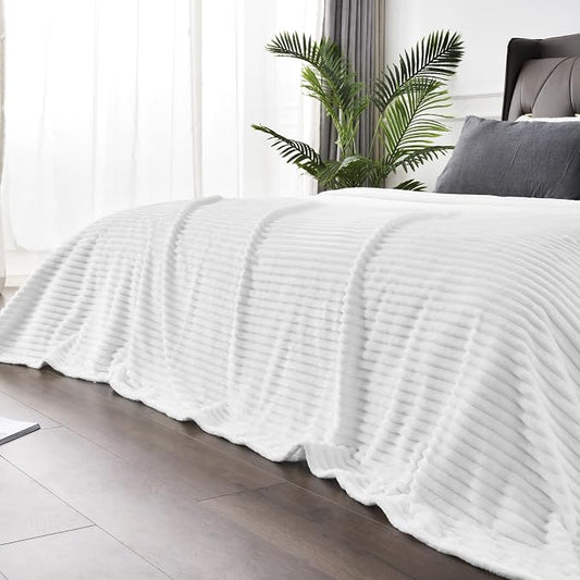 BEDELITE 3D Ribbed Jacquard White King Size Blankets for Bed, 108x90 Inch | Soft Warm Decorative Fluffy Blanket, Cozy Fuzzy Lightweight Plush Fleece Throw Blankets for Bed, Room Decor, Gift for Women