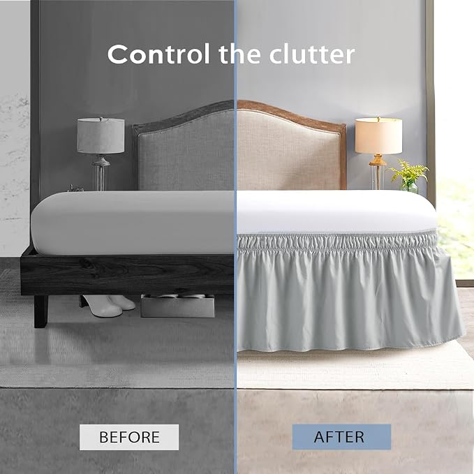 FreshCulture Queen Bed Skirt, Elastic Wrap Around Bed Skirt Queen Size, Bed Skirts for Adjustable Bed, Easy Fit with 22 Inch Drop Length, Hotel Quality Dust Ruffle for Queen Bed (Light Grey)