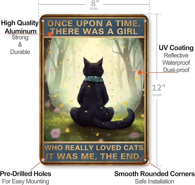 HYBLOM Black Cat Decor - Once Upon a Time Sign - Vintage Cat Decor for Home, Bedroom, Kitchen, Office, Cafe, Bar, Cat Lover Gifts, Metal Tin Sign 12x8 Inches