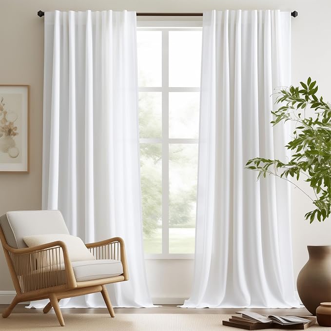 jinchan Linen Curtains Light Filtering Back Tab 50x120 Inch 2 Panels White | Semi Sheer Curtains 120 inch length for Bedroom Living Room, Modern Farmhouse Drapes with Rod Pocket, Natural Boho Curtains