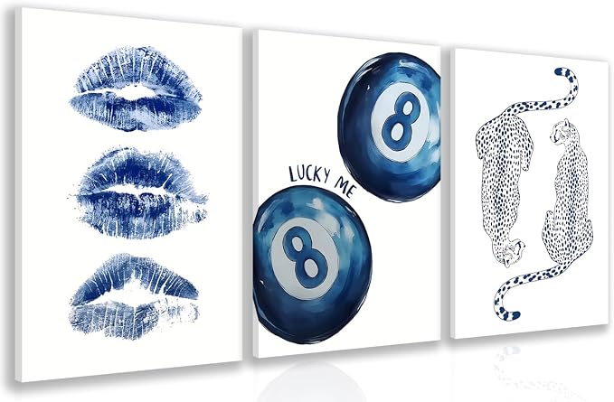 GELDSTEI Wrapped Canvas Blue Leopard 8 Ball Wall Art Set of 3, 16x24 in | Blue Modern Lips Lucky 8 Ball Leopard Print Wall Decor, Bold Fun Gift for Teens and Animal Lovers